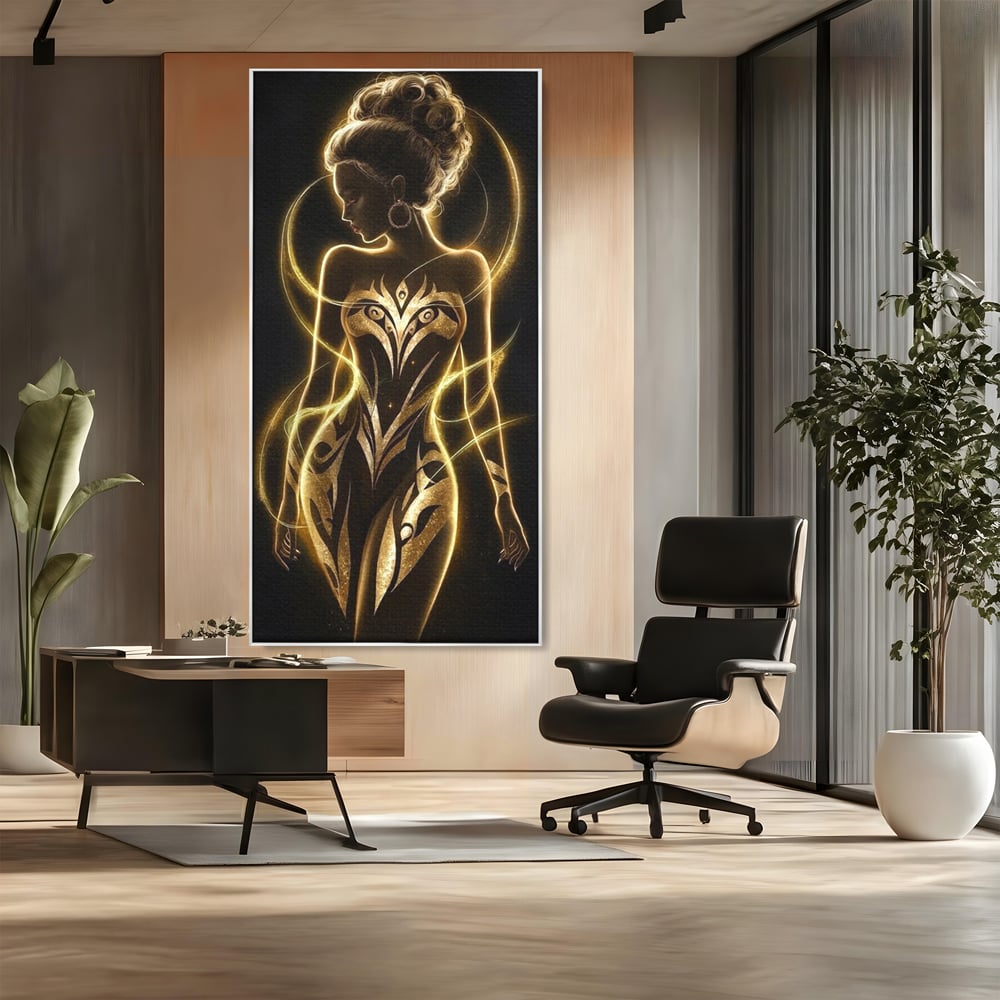 Tablou canvas cu tablou canvas cu silueta feminina aurie, in rama de aluminiu argintiu, pe perete intr-un birou
